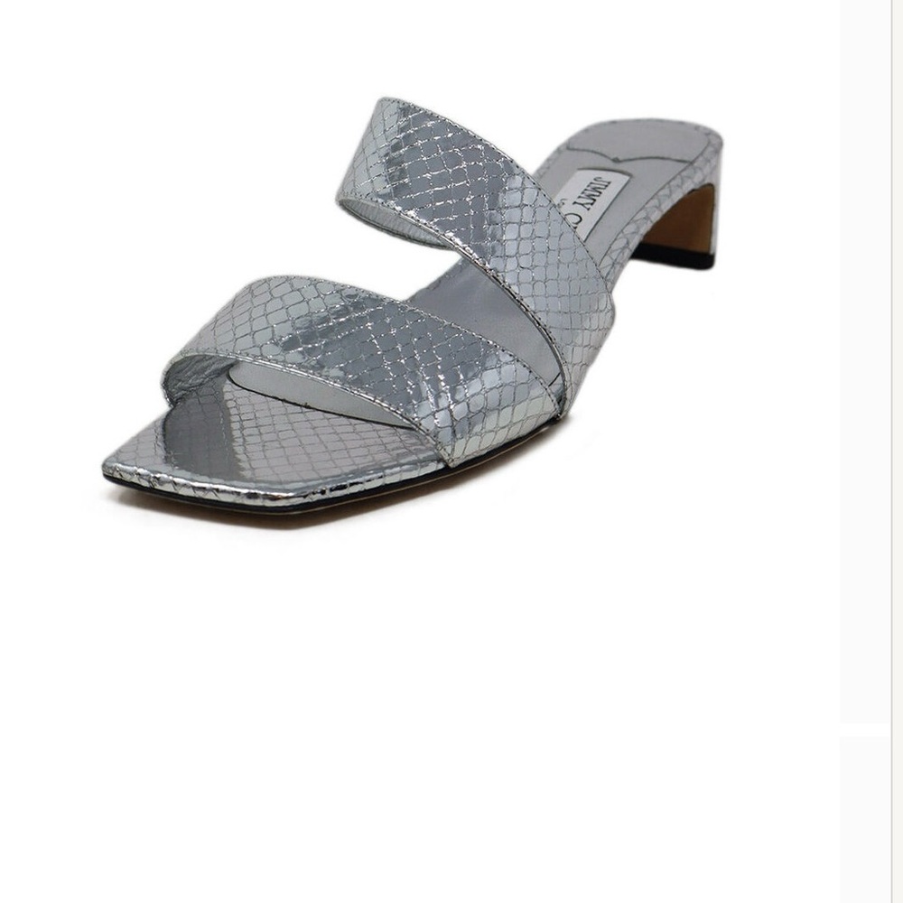 Jimmy Choo Silver Metallic Snake-Embossed Slide Sandals